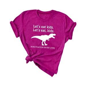 Dinosaur Print T Shirt Short Sleeve Lets Eat Kids Funny Dark Pink size 6